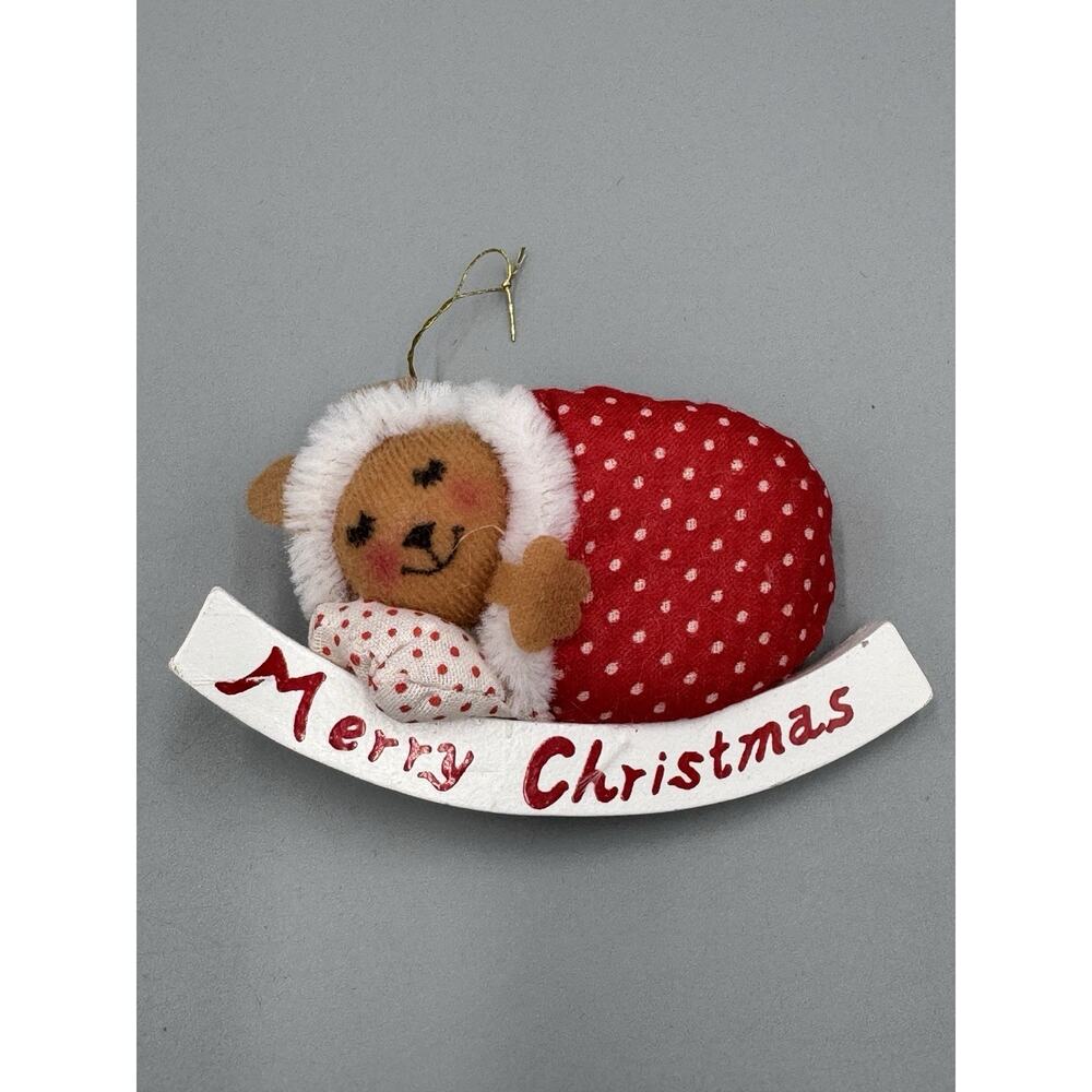 Vintage Russ Merry Christmas Brown Bear in Bed Christmas Tree Ornament
